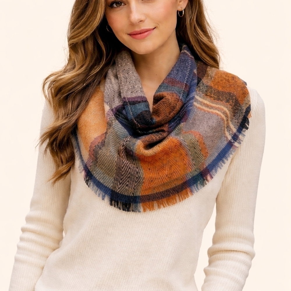 3/$30 IMPERFECT STYLE Preppy Navy Blue Brown No Hassle Plaid Cowl Scarf